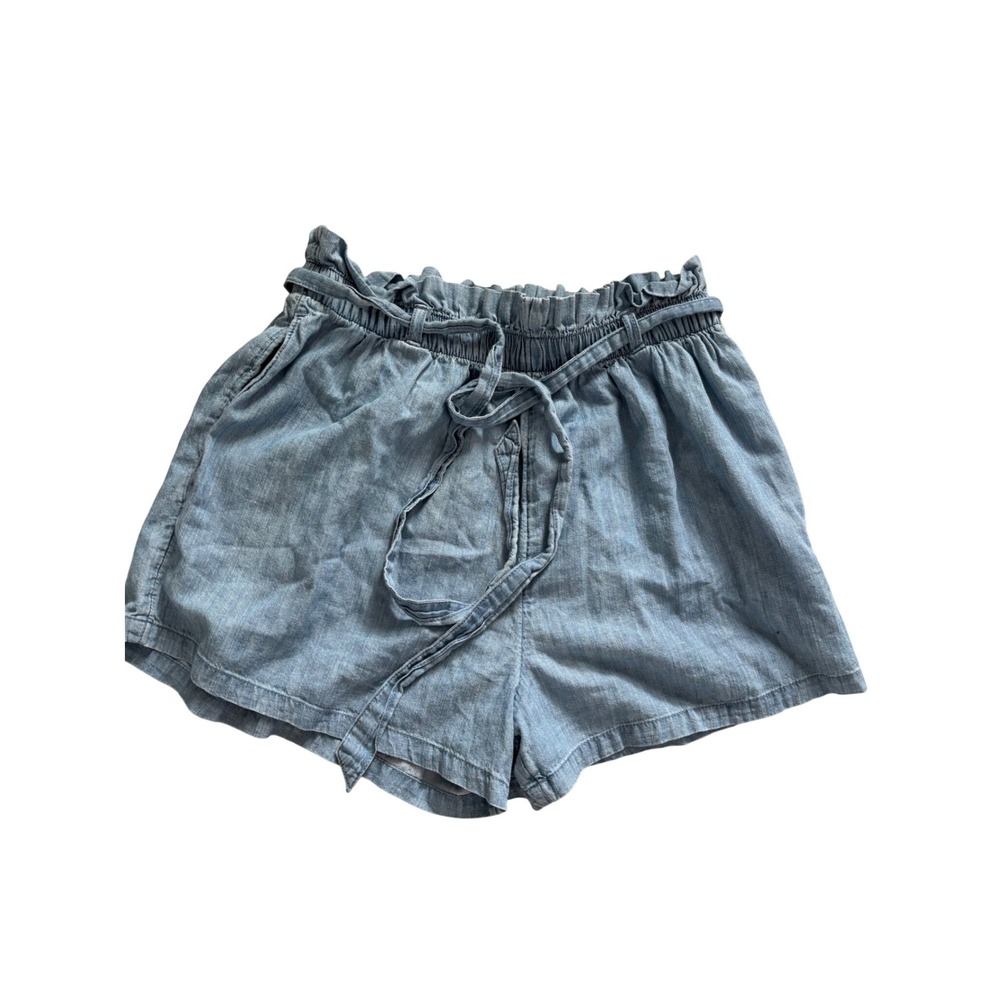 Hollister Ultra High Rise Paperbag Shorts Light Wash Blue Chambray Tie Waist S